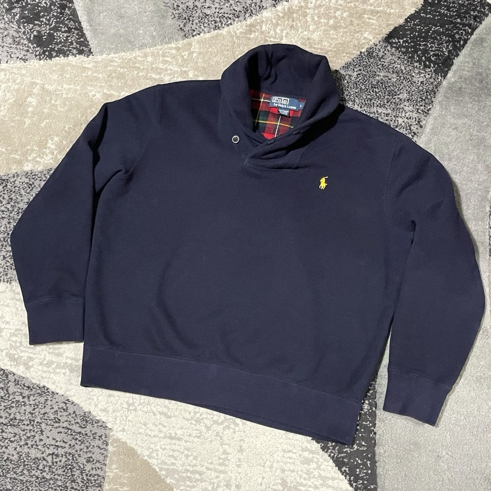 VTG Polo Ralph Lauren Shawl Collar Sweater  Men Large Blue Pullover Pony Dad